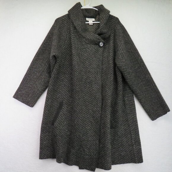 Ellen Tracy Coat Womens 2X Gray Herringbone Shawl Collar Single Button Swing - Picture 1 of 9